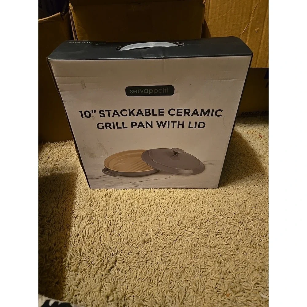 Servappetit Ceramic Grill Pan with Lid Stackable‎ 10 inch Gray